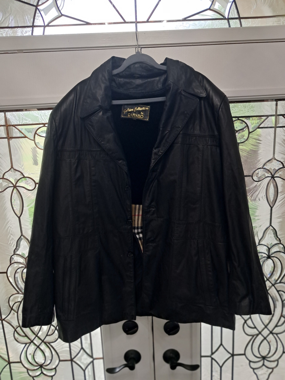 Vintage Raffaelo Black Leather Car Coat Jacket Plaid Lined Sz 46L